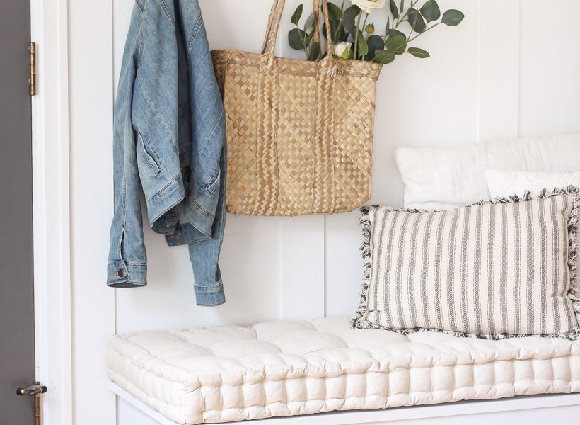 Learn how to build this beautiful custom bench for your entryway, dining room table, or bedroom with this quick and easy tutorial!