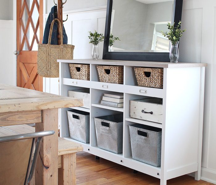 A simple storage credenza turns into functional entryway storage AND a dining room buffet. See more photos at LoveGrowsWild.com