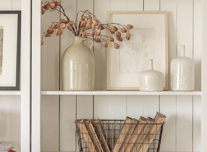 Simple fall decor with pops of burgundy and lots of cozy textures in the home of blogger and interior decorator Liz Fourez