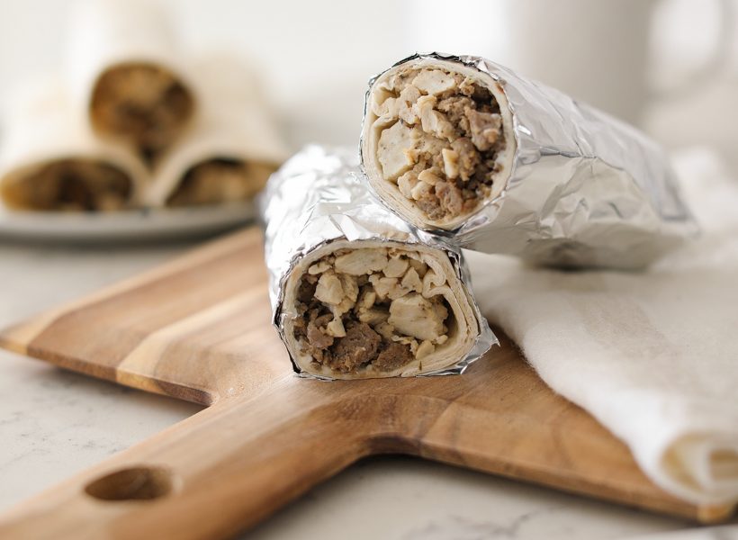 Healthy, easy sausage egg breakfast burritos