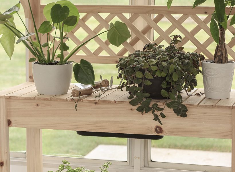 Home blogger and interior decorator Liz Fourez shares ideas for sprucing up your outdoor spaces like this affordable potting bench.