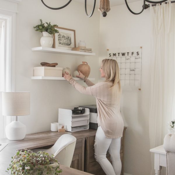 Home blogger and interior decorator Liz Fourez shares her home office that features antique furniture as the perfect storage pieces for her business.