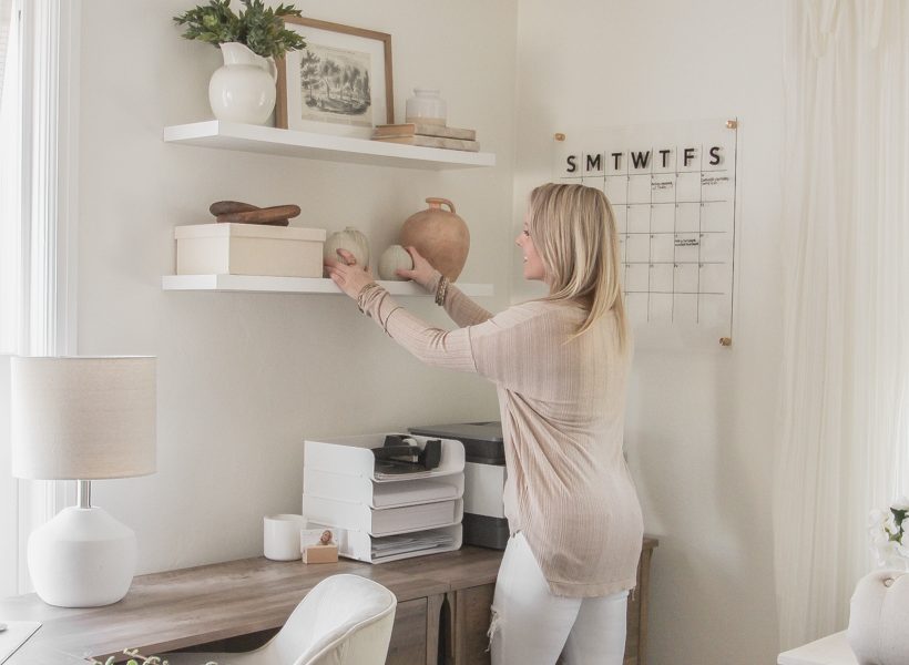 Home blogger and interior decorator Liz Fourez shares her home office that features antique furniture as the perfect storage pieces for her business.