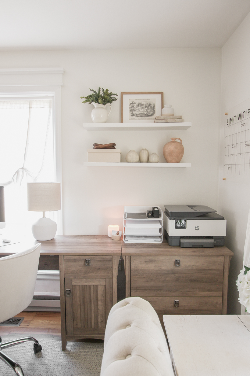 Home blogger and interior decorator Liz Fourez shares her home office that features antique furniture as the perfect storage pieces for her business.