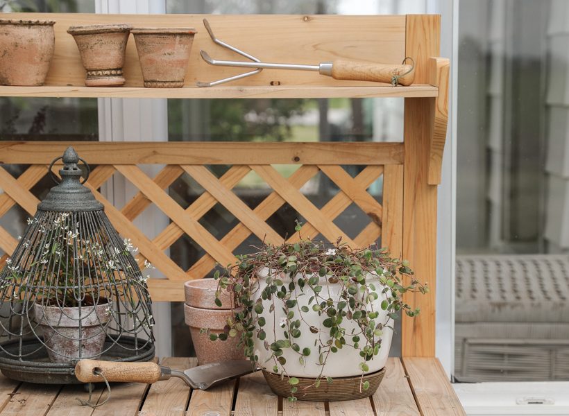 Styled potting bench with plants