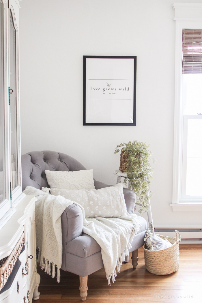 A lovely casual home office with lots of light, soft textures, and gorgeous greenery. 