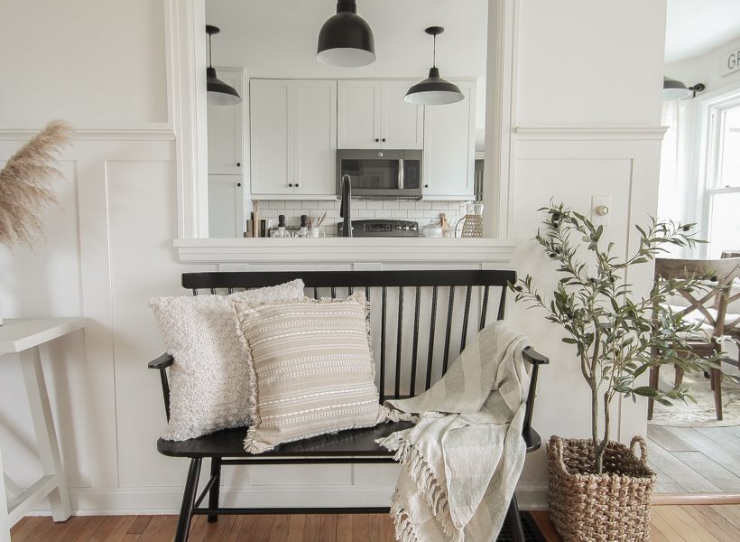 A beautiful neutral entryway shared by home blogger and interior decorator Liz Fourez