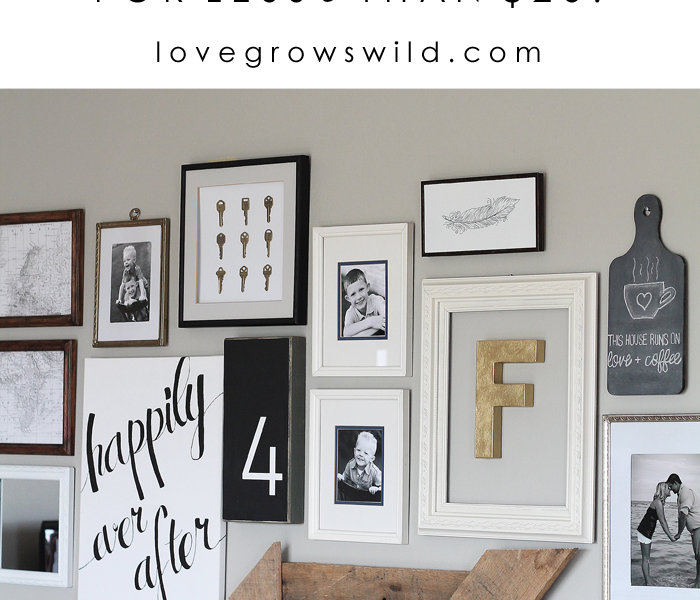 Learn how to create a fun, personal, and creative Gallery Wall for LESS THAN $20! Yes, you CAN decorate an entire wall for that cheap! Get all the best tips and tricks from LoveGrowsWild.com